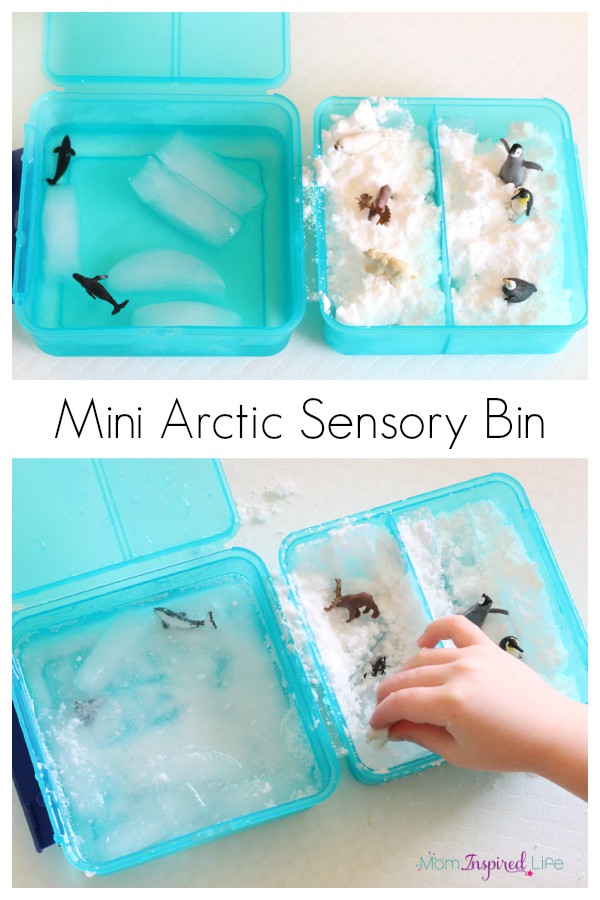 Arctic habitat sensory bin and pretend snow recipe to go with it. A fun winter sensory bin for toddlers and preschoolers!